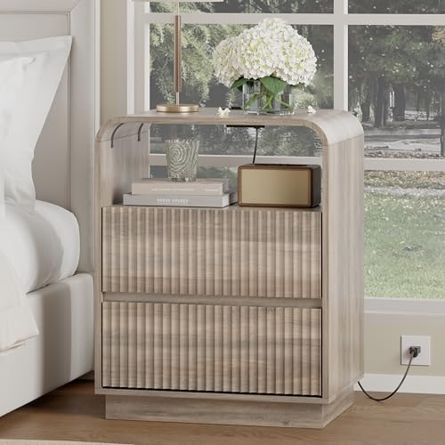 Image of Wodeer Grey Nightstand with Charging Station, Mid Century Modern Bedside Table & End Table, Fluted Wood Small Night Stand with 2 Hidden Drawers and Storage Shelf for Bedroom, Gray