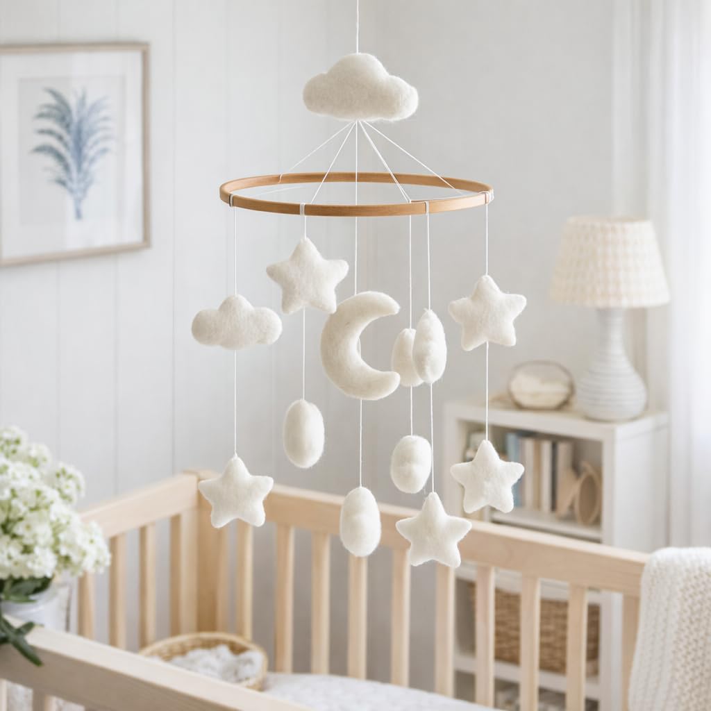 Handmade Felt Moon & Stars Nursery Mobile, Moon & Stars Crib Mobile for Boys & Girls, Boho Nursery Decor, Natural Wool Night Theme Hanging Mobile, Unique Baby Shower Gift, Handcrafted in Nepal