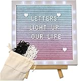 Gradient Felt Letter Board Sign with LED Lights, 10in × 10in Changeable Message Board with Wood Frame 470 Black & White Pre-Cut Letters for Christmas Gifts Baby Showers Wedding Party Decor