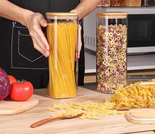 Image of ComSaf 1.1L Glass Jars with Bamboo Lids for Kitchen Storage, Pack of 4 | Square Glass Food Containers with Lids for Pantry Storage, Kitchen Storage Jars for Flour, Pasta, Tea, Coffee, Sugar