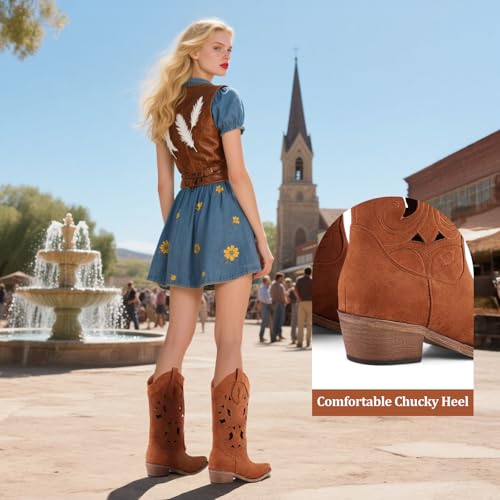 LingxiaUne Women’s Brown Western Cowboy Boots – Exquisite Cutout Design Mid Heel Suede Boots for Stylish Versatility3