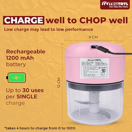 Image of Mr. TRU Smart Electric Mini Chopper for Kitchen | 1200 mAh Battery | Portable Food Processor for Onion, Tomato, Nuts & Vegetable | Multipurpose Cutter | 1 Year Warranty | 250ml (Pink)