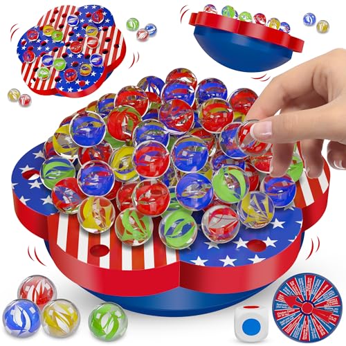 Junall Wobble Balance Marble Game for Kids – 80 Colorful Marbles, Dice, Chessboard, Turntable,Challenge Cards, Fun Family Board Game for Parties, Gifts for Kids Ages 6-12+