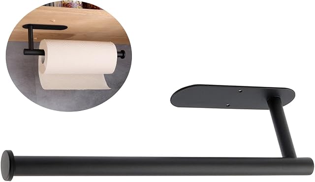 Kitchen Roll Paper Holder Black, Self Adhesive Roll Paper Holder, Stainless steel Kitchen towel and Tissue paper holders, Roll Holder Under Cabinet Wall Mounted Toilet Paper Holder for Bathroom