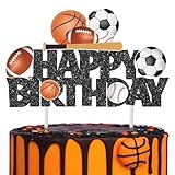 Sports Birthday Cake Toppers Baseball Cake Picks Glitter Black Football Soccer Ball Cake Decorations Rugby Basketball Birthday Decorations for Sports Balls Theme Boys Men Baby Shower Party Supplies