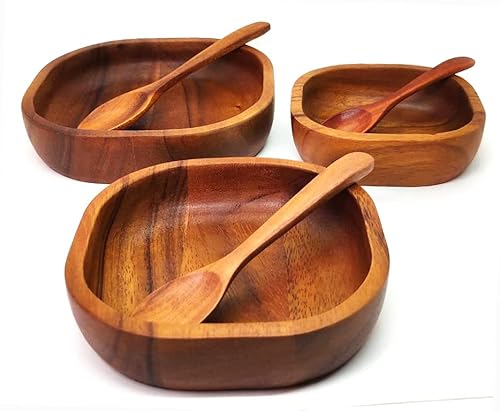 Tiny Acacia Wood Nesting Square Set 3 Serving Bowl 6¼”, 5½”, 4½” Small 3 Wooden Spoon Mix Size Stackable Little Dish For Snack, Nuts, Dip Sauce, Salsa, Small Salad Tableware Wooden Nest Mix Set Bowls #TOP4