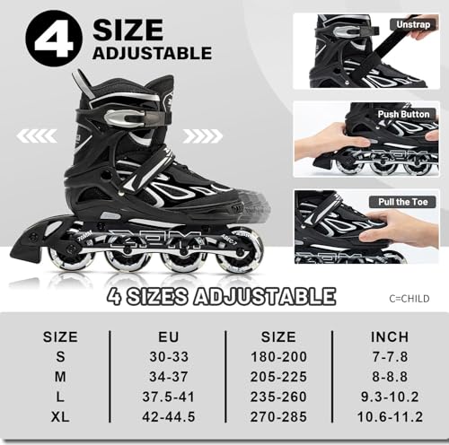 2PM SPORTS Verstellbar Inliner für Kinder, Leucht Inline Skates Rollschuhe für Damen/Herren