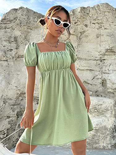 Image of Shasmi Women's & Girl's Dress for Women l One Piece Dress for Women l Beach Dress for Women, Solid Textured Puff Sleeve Square Neck Midi Dress (Dress 115)