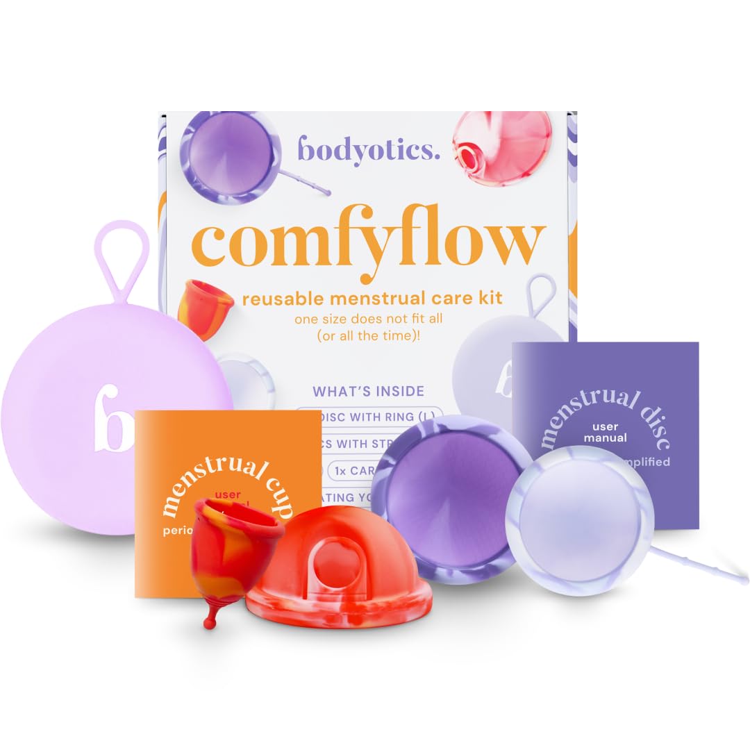Comfyflow - Reusable Period Care Pack - Menstrual Cup and Discs with String, Ring, and Carrying Pouch - Comfort-Fit Design - Includes E-Book Guide - 5 Pack