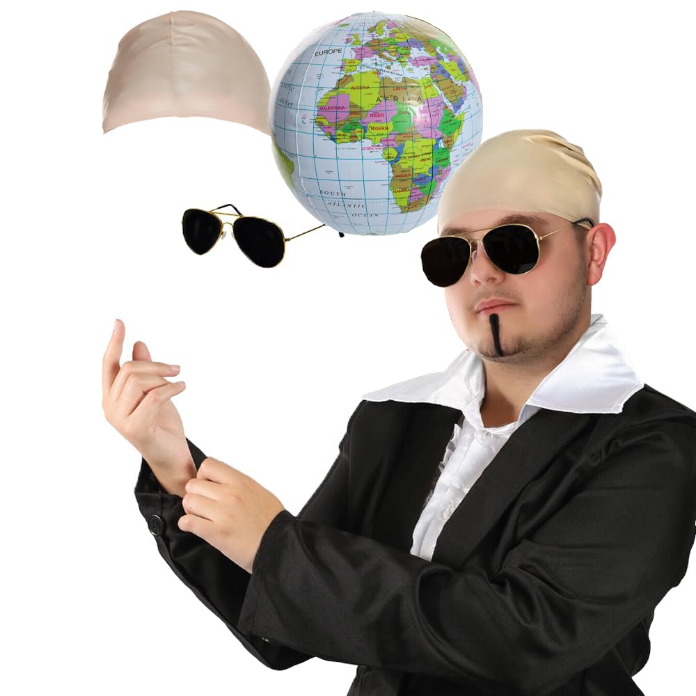 Adults Mr Worldwide Accessory Set - Nude Latex Bald Cap, Black Sunglasses, Inflatable Globe, Black Soul Patch - Mens Ladies Music Icon Famous Celebrity Fancy Dress Costume Accessory Set