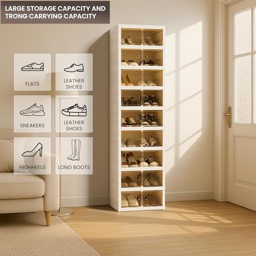 Image of Foldable Shoe Organizer Storage Box Set of 6, Portable Extra Large Folding Shoe Rack for Closet, Shoe Storage Box with Magnetic Transparent Door and Wheels, 9 Layers 18 Grids