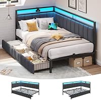 DICTAC Single Bed Frame with 2 Storage Drawers,Charging Station and Led Lights 3ft Single Daybed with Storage 90x190 Corner Platform Bed with Upholstered Guardrail,Space-Saving Single Sofa Bed,Grey