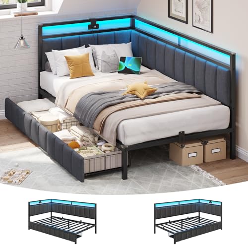 DICTAC Single Bed Frame with 2 Storage Drawers Charging Station and Led Lights 3ft Single Daybed with Storage 90x190 Corner Platform Bed with Upholstered Guardrail Space-Saving Single Sofa Bed Grey