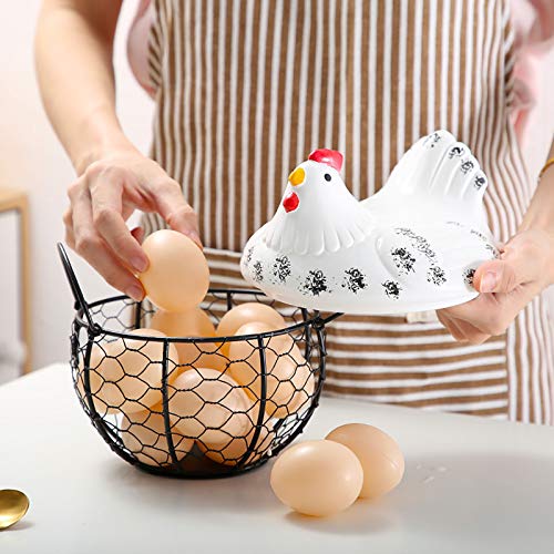 Panier de rangement pour œufs avec poule céramique blanche sculptée