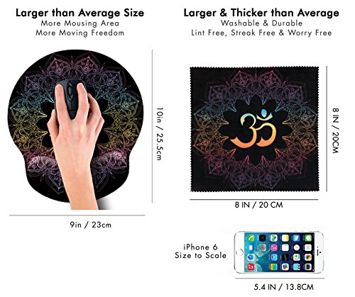 Spiritual Symbols Ohm Mandala Print Ergonomic Design Mouse Pad with Wrist Rest Hand Support. Round Large Mousing Area. Matching Microfiber Cleaning Cloth for Glasses & Screens. Great for Gaming & Work