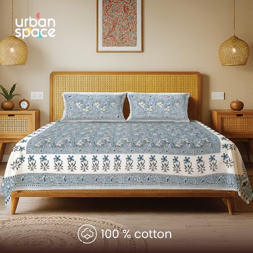 Image of Urban Space 100% Cotton Jaipuri Handblock Printed Double Size Bedsheet with 2 Pillow Covers, 200 TC Cotton Double Bedsheet (90 x 100 Inches, Rangrez Blue)