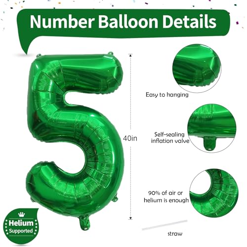 Image of 40 Inch Dark Green 5 Number Balloons, Large Foil Self Inflating 5th Birthday Number Balloon, 0-9 Set Number Ballons for Girls Men 25th 35th Birtyday Party Anniversary Jungle Decorations Supplies
