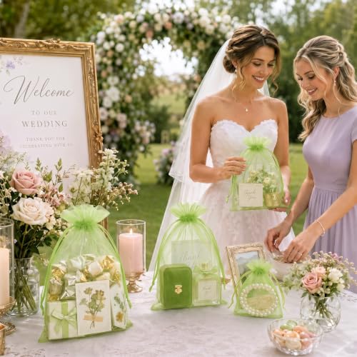 Image of FUNFERY 100PCS Apple Green Organza Gift Bags 5x7in,Drawstring Jewelry Pouch