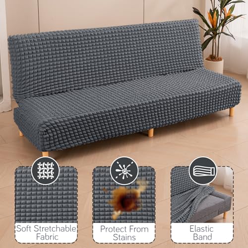 Image of HOKIPO Armless Sofa Cover for Sofa Cum Bed, 280 GSM Stretchable Elastic Futon Slipcover, 'Aria Nova' (Large) Dark Grey (AR-6703-DGRY)