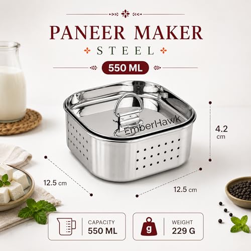 Image of Paneer Maker Steel - 12.5 x 12.5 x 4.5 cm | 550 ML | Stainless Steel Press Mould for Healthy Homemade Paneer, Tofu & Cheese | Rust-Free, Durable & Easy to Clean