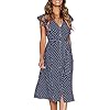 MITILLY Women's Boho Polka Dot Flutter Short Sleeve V Neck Button Down Swing Midi Dress with Pockets Medium Dark Blue