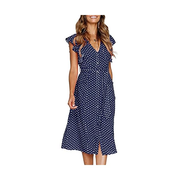 MITILLY Women's Boho Polka Dot Flutter Short Sleeve V Neck Button Down Swing Midi Dress with Pockets Medium Dark Blue