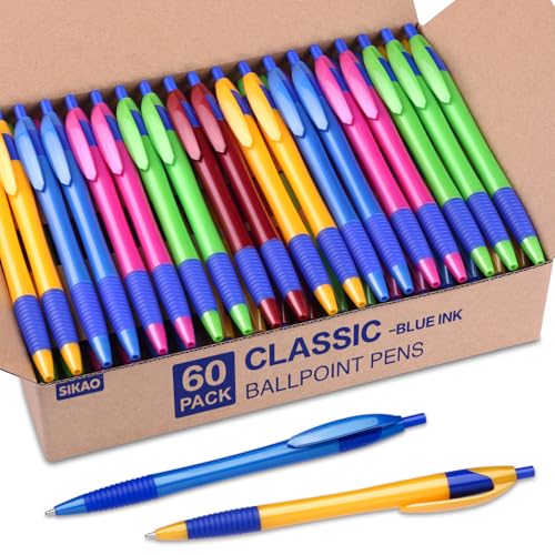 Sikao Pens Bulk, 60 Pack Gripped Slimster Blue Ballpoint Pens, Blue Ink 1.0mm Medium Point