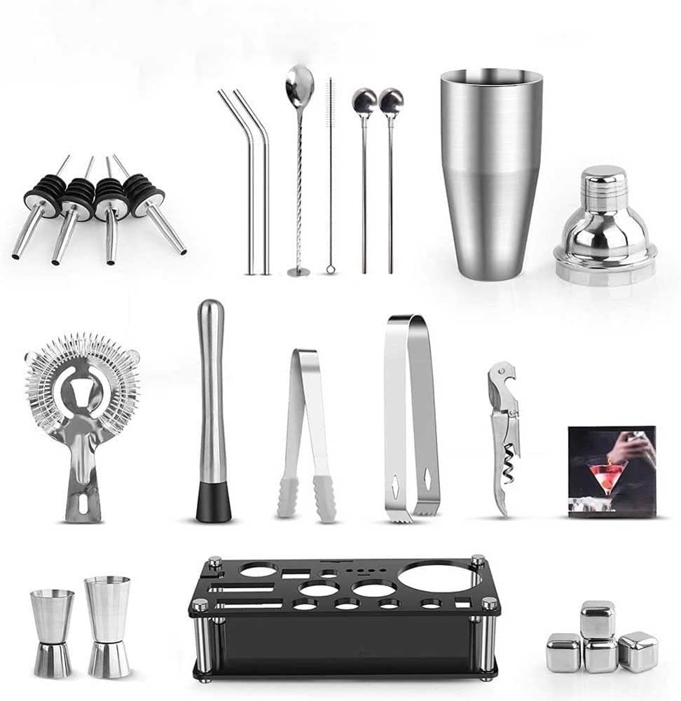 Kit de Barman, Juego de coctelera con Soporte, Juego de Herramientas de Barra: coctelera de Martini de 25 oz, Jigger, mortero, Pinzas para Hielo, colador, vertedor de Licor, Cuchara, sacacorchos,