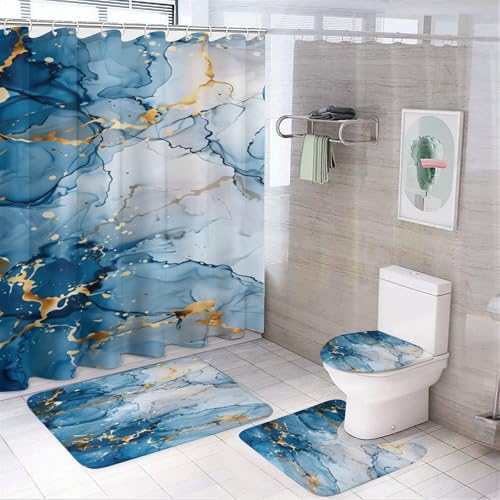 BFIDJID 4 Pcs Marble Shower Curtain Set with Rugs, Modern