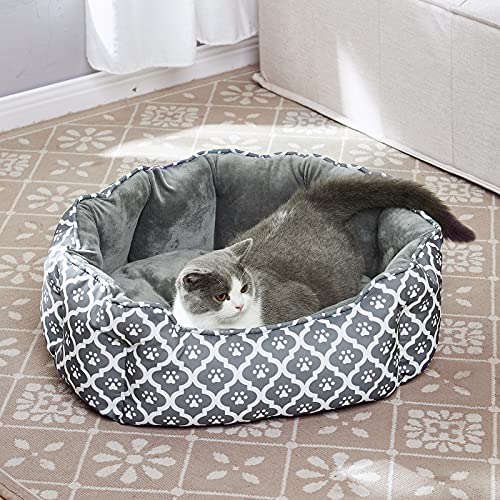 Luckitty Cat Bed,Soft Velvet & Waterproof Oxford Two-Sided Cushion, Easy Washable,Oval Geometric Pet Beds For Indoor Big Cats Or Small Dogs (Paw Gray, S(20"X19"X6"),15Lbs Pet) #TOP4