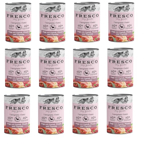 Fresco Complete-Menü Ziege mit Maniok, Pfirsich und Thymian | 12er Pack | 12 x 400 g | Nassbarf für Hunde | Wichtige Vitamine & Linolsäure | Grob zerkleinertes Naturprodukt