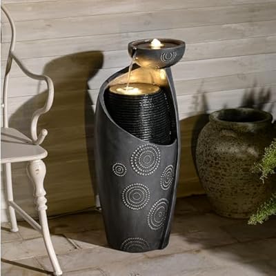 Tankana Outdoor Water Fountain Feature Indoor Garden Large Jar Floor Standing Fountains Waterfall with LED Light & Pump for Home Decor Office Yard Patio Deck Porch, 32 inches,Gray