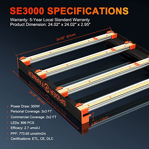 Spider Farmer Se3000 Bar Style Led Grow Lights 300W With 896Pcs Samsung Lm301B Diodes 3X3Ft Coverage Full Spectrum Dimmable Growing Lamp For Indoor Plants #TOP7