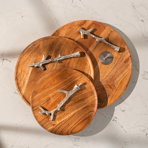 Image of Treat Tree Three-Tier Multipurpose Serveware - Acacia Wood with Iron Handle & Metal Base - Serving Stand for Snacks, Desserts & Table Display (13x13x21 inches)