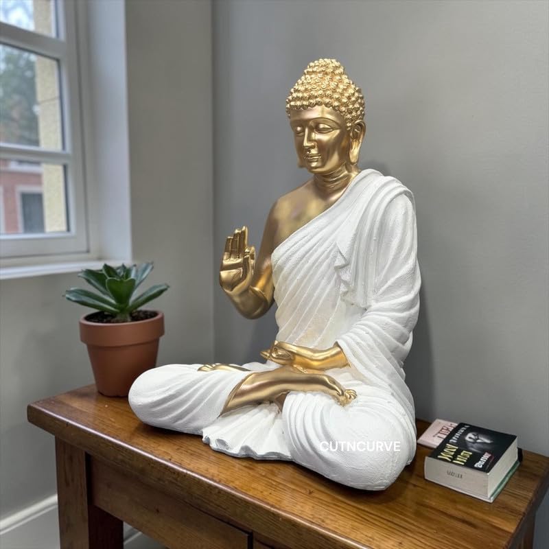 Image of 2 Feet Buddha Statue for Home Decor, Garden and Gifting, Big Size, Made of Resin, Premium Luxury Decoration Showpiece, Vastu Feng Shui for Good Luck, Happiness (Metallic White & Golden)