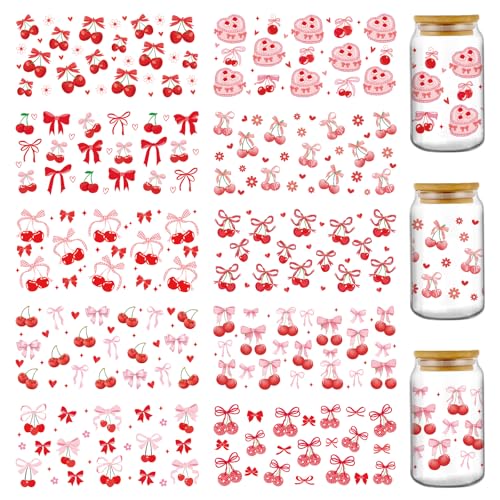 AFRITEE UV DTF Cup Wraps - 10 Sheets Red Bow Cherry Uvdtf Tumbler Wrap for 16 oz Glass Water Bottle, Strawberry Cake Flower Waterproof Transfer Stickers DIY Coffee Mug Laptop Decor Giftation for Women