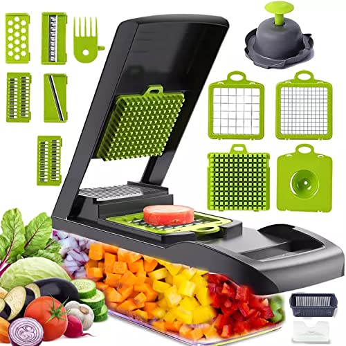 Vegetable Chopper, 12 In 1 vegetable chopper tools manual,Kitchen Vegetable Slicer Dicer Cutter,Veggie Chopper With 8 Blades,Carrot and Garlic Chopper With Container (Grey)