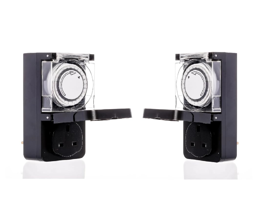 22.5 Team Controls Black/White Team Controls 24 Hour Segment Timer Switch With Cover - Energy Saver Plug Standard Size - Plug-In Timer Socket Set - 240V 3 Pin Plug With Programmable Time Controller Pair (2 Units Supplied)