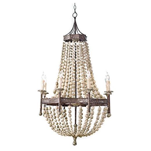 8-Light Scalloped Wood-Bead Chandelier Wooden French Country Chateau Antique Rustic Distressed Metal Frame (Dia 30")