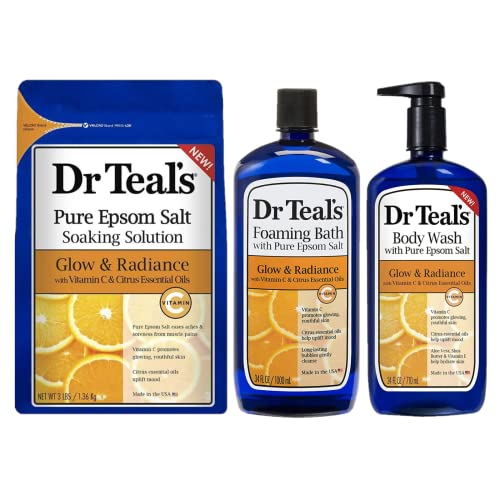Dr. Teal's Vitamin C & Citrus Oils Bath Gift Set - One Of Each - Vitamin C & Citrus Body Wash (24Oz), Epsom Salt Soak (3Lb), Foaming Bath (34Oz) - 106Oz Total - Replenish Dry Skin And Achy Muscles #TOP3