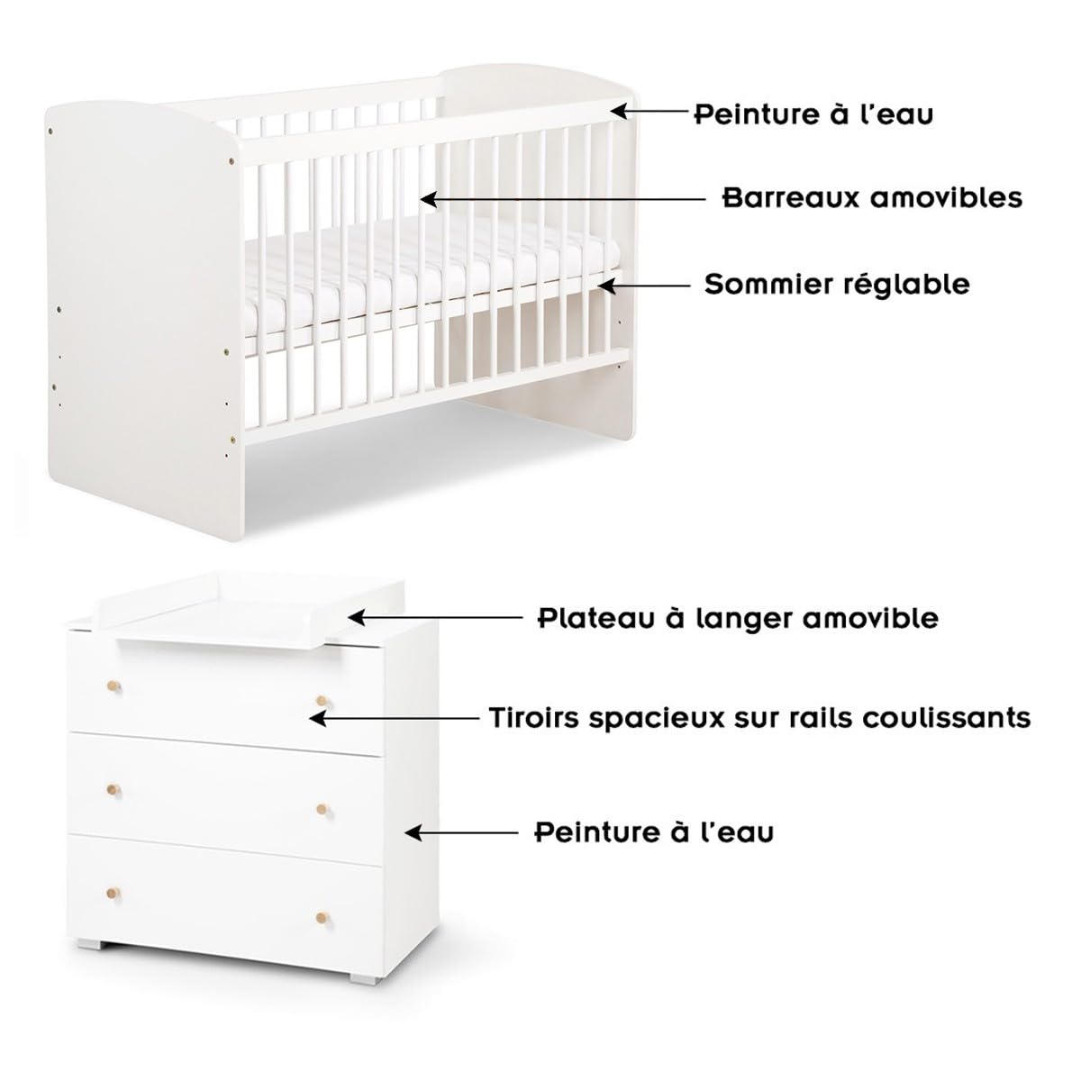 Mon Mobilier Design Karolina II Ensemble lit bébé 120x60 et Commode à Langer 3 tiroirs Blanc