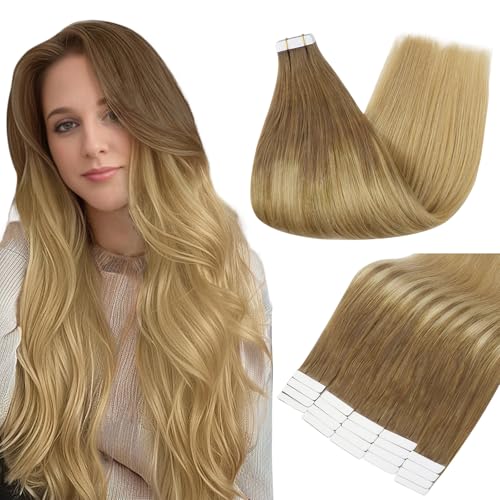 Image of Full Shine Hair Extensions Tape in, Sunkissed Warm Blonde Ombre 18 Inch | 50g 20PCS, Seamless Skin Weft Remy Tape in Hair Extensions, Straight Double Sided Design Soft Finish Party Styling