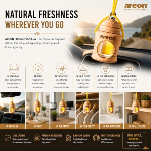 Image of AREON Fresco Premium Hanging Car Air Freshener, Vanilla, Pack of 1 | Premium Wooden Hanging Car Air Freshener with an Elegant, Compact Design. Suitable for Use in Cars, SUVs, Vans, and Trucks.