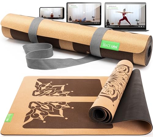 BACKLAXX® Yogamatte Kork mit Naturkautschuk | FAZ Testsieger 03/2026 | Yoga Matte Kork nachhaltig | schadstofffrei | Yogamatte Kautschuk | Fitnessmatte mit Anti-Rutsch-Zonen | inkl. Tragegurt