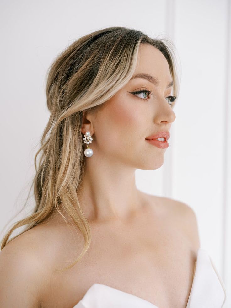 Pearl Drop Dangle Earrings for Women, Pearl Wedding Earrings for Brides Dangling, CZ Bridal Earrings for Wedding Bridesmaids, Prom Jewelry Gifts3