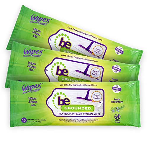 Wipex Wet Floor Wipes - Natural Wet Mop Pads Fit Swiffer Sweeper Mop - Rosemary Essential Oil & Vinegar & Plant-Based Textured Cloth Trap Absorb Dirt, Floor Cleaner Pads, 16 Count (Pack of 3)