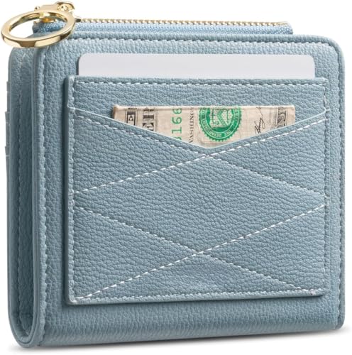 Genuine Leather Wallet for Women RFID Blocking Bifold Large Capacity with ID Window & Zipper Pocket (Blue)