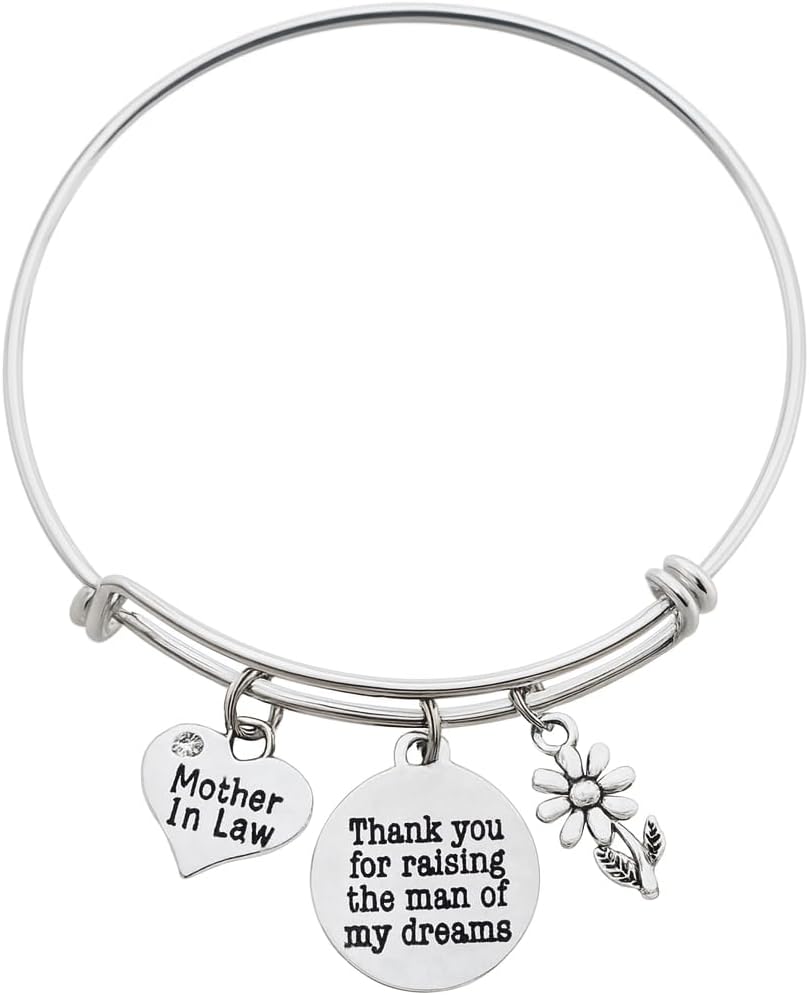 Mother in Law Bracelet Thank You for Raising the Man of My Dreams Silver Adjustable Bangle with Heart Charm and Daisy Wedding Gift from Bride Mother of Groom Gift