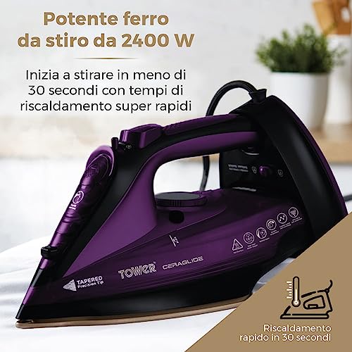 Tower T22008 Ferro da Stiro CeraGlide con Piastra in Ceramica, Ferro da Stiro a Vapore, Ferro da Stiro Senza Fili e Con Cavo 2 in 1, Ferro da Stirare, Viola - Immagine 5