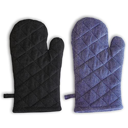 Image of 2 Oven Gloves, Cotton Heat Resistant Oven Mitts Kitchen Gloves for Cooking, Baking | Heat Proof, Durable, Free Size (Black and Blue)
